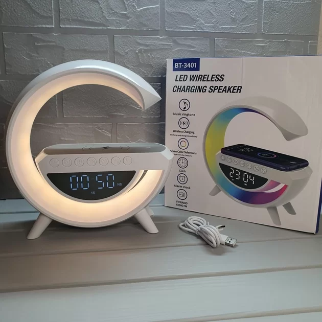 Светильник, ночник / Умная колонка, часы, радио, Bluetooth-колонка, беспроводная зарядка