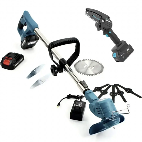 Набор 2в1 триммер аккумуляторный на колесах и цепная мини пила 48V/4Ач