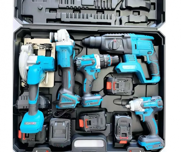 Набор электроинструментов 5 в 1: Шуруповёрт, Болгарка (УШМ), Гайковёрт, Перфоратор, Циркулярная пила, кейс, 5 АКБ