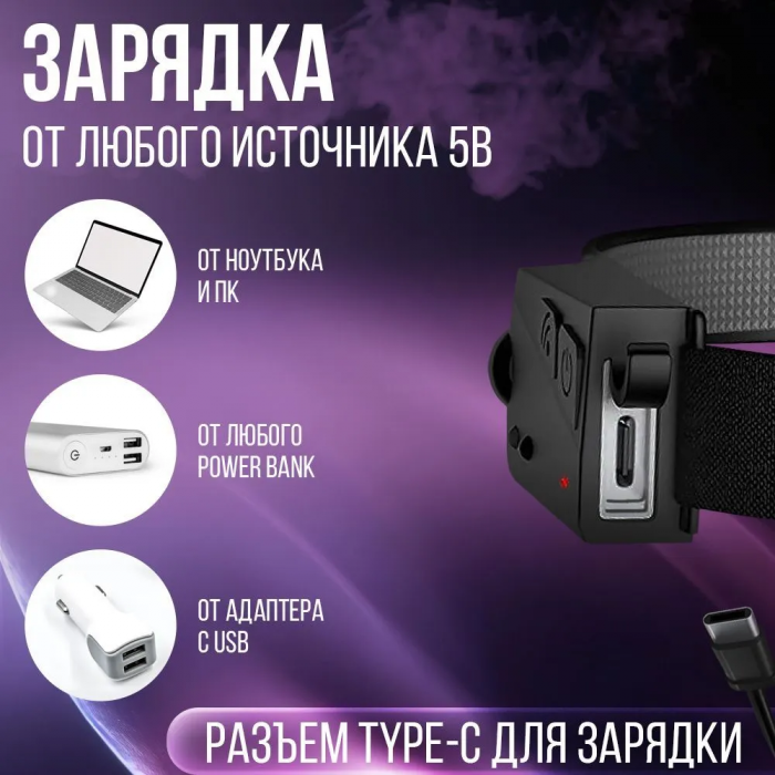 Фонарь налобный ZEBRA; аккумуляторный, сенсорный, с датчиком движения