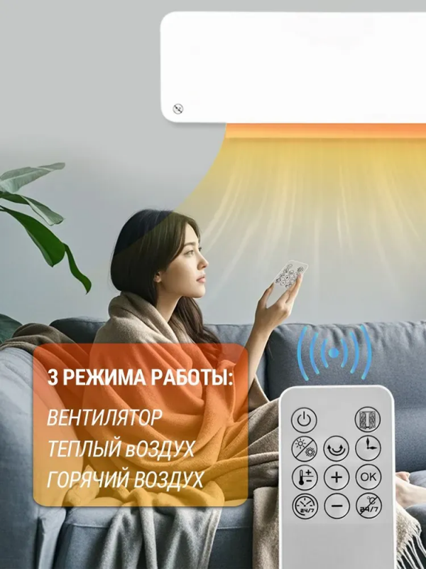 Încălzitor de perete cu ventilator, moduri: „iarna‑vară”, cu telecomandă, 2000 W