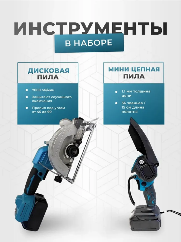 Набор аккумуляторного электроинструмента 6 в 1: перфоратор, УШМ (болгарка), циркулярная пила, мини-пила, шуруповерт, гайковерт