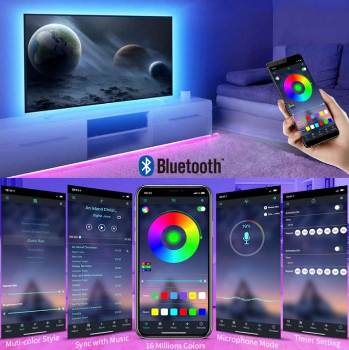 Светодиодная Bluetooth RGB лента цветная  5 м , с пультом ДУ