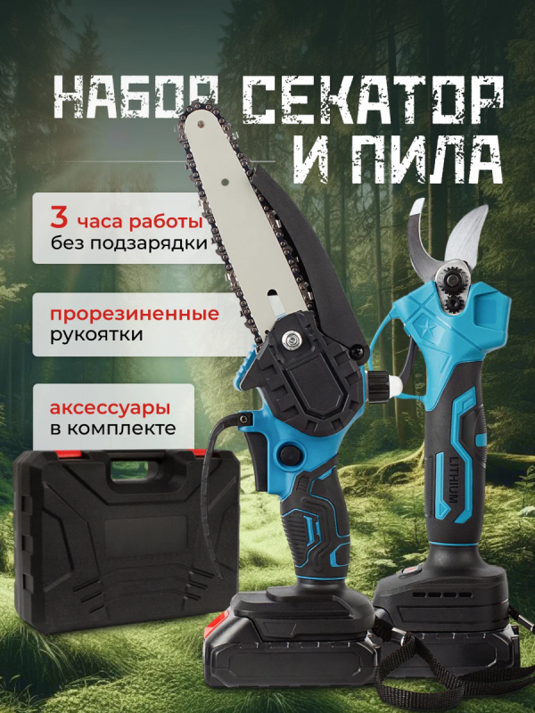 Набор электроинструментов 2в1 ZEBRA; пила, секатор, 2 АКБ
