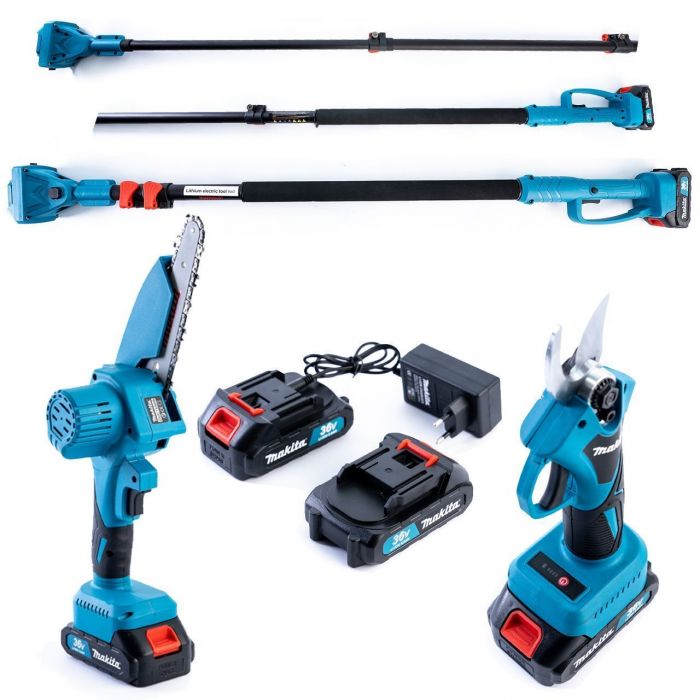Set 3în1: Foarfecă + Mini-ferăstrău + Tija telescopică 3 m, 36V, 5Ah, 2 acumulatori