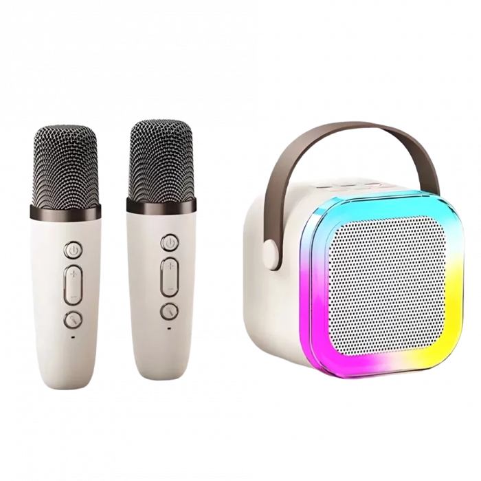 Boxă wireless Bluetooth cu 2 microfoane și iluminare, mod karaoke