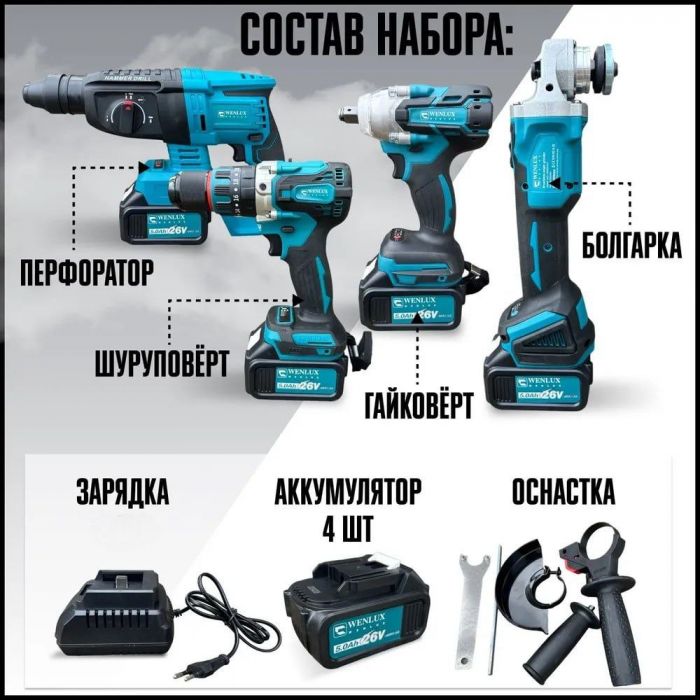 Набор электроинструментов 4в1 ZEBRA; перфоратор, УШМ, шуруповерт, гайковерт 